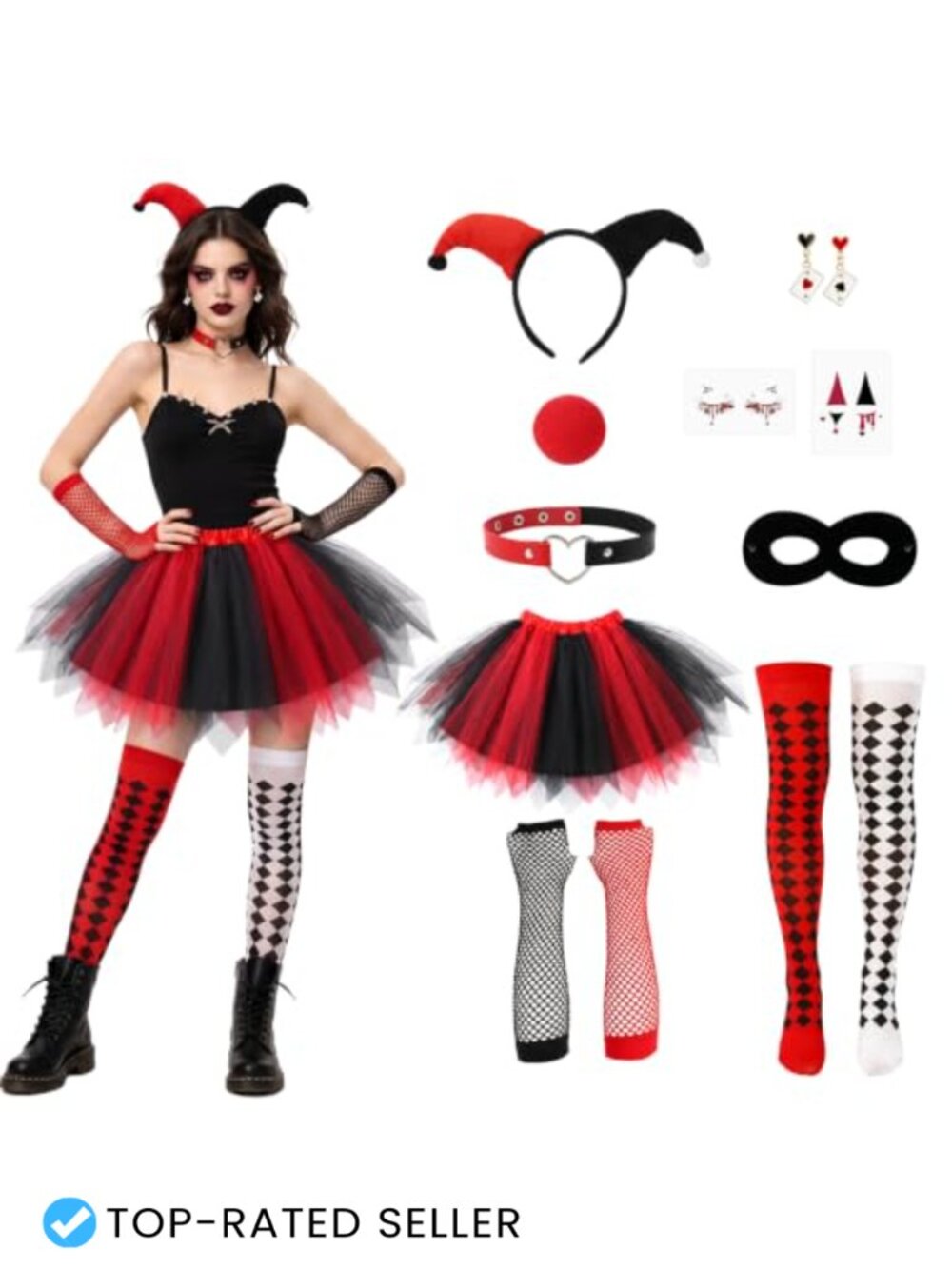 Clown Costume Set Tutu Skirt Fishnet Gloves Halloween Accessory Kit